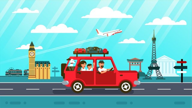 Family car travel around europe and world . Vector illustration in flat style.