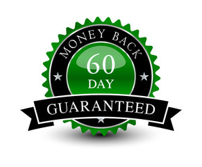 Green powerful, reliable emblem seal 60 day money back guaranteed badge with black ribbon on top.