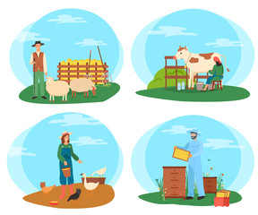 Farm workers vector, farmers caring animals woman feeding chickens with organic crops and grains, sheep and cow giving milk to milkmaid, beekeeper