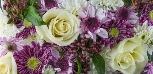 Photo background of white roses, white and purple chrysanthemums. Macro photo flowers.