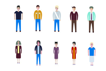 Young people, teenagers and students. Fashion man and woman in modern clothes. Different characters stay on white background.