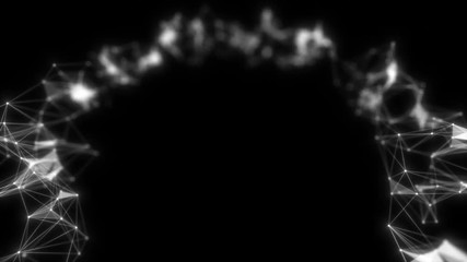 Dark background, rotating flickering cool blue light mesh cloud of connections with white lines and dots with depth-of field effect. Spinning torus with hi-tech plexus effect abstract looping seamless - Powered by Adobe