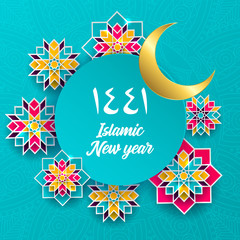 1441 hijri islamic new year. Happy Muharram. Muslim community festival Eid al ul Adha Mubarak greeting card with 3d paper flower, star, moon. Template for menu, invitation, poster, banner, card.
