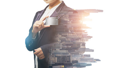 Double exposure of businesswoman