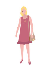 Blonde woman in purple dress with pendant on neck isolated cartoon character. Vector female, middle age lady with sack, mother or wife in flat style