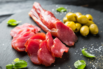 Smoked pork tenderloin. Pork carpaccio