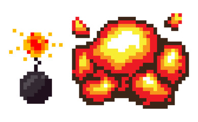 Bomb explosion vector, isolated set of pixel art game. Detonation pixelated icons dangerous substances weapons for attack and protection 8 bit graphics