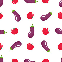 Eggplant and red tomato seamless pattern. Organic vegetarian food. Used for design surfaces, fabrics, textiles, packaging paper