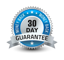 Blue and silver color combined powerful 30 day money back guarantee badge/seal with ribbon.