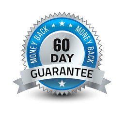 Blue and silver color combined powerful 60 day money back guarantee badge/seal with ribbon.