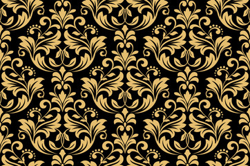 Wallpaper in the style of Baroque. Seamless vector background. Gold and black floral ornament. Graphic pattern for fabric, wallpaper, packaging. Ornate Damask flower ornament