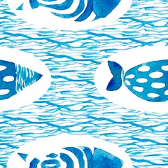 Watercolor seamless pattern with blue fish. Seafood watercolor background. Fish background