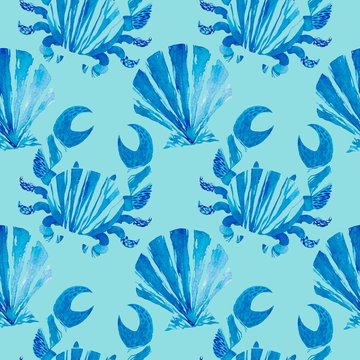 Watercolor seamless pattern with blue sea shell and crab. Seafood watercolor background. Sea shell illustration