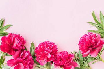 Flat lay composition with red peonies and green leaves on a pink background