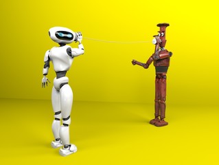 Two robots with tin can phones. 3d render