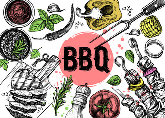 Barbecue grill hand drawn food set on white background - obrazy, fototapety, plakaty
