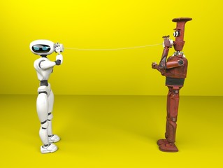 Two robots with tin can phones. 3d render