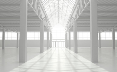 Industrial urban interior of an empty warehouse in monochrome white color. Large loft-style factory building. 3D rendering.