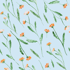 Orange flowers, watercolor painting - hand drawn seamless pattern with blossom on light blue