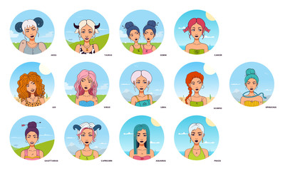 Set of 13 zodiac signs, symbols. Cartoon style girls avatars.