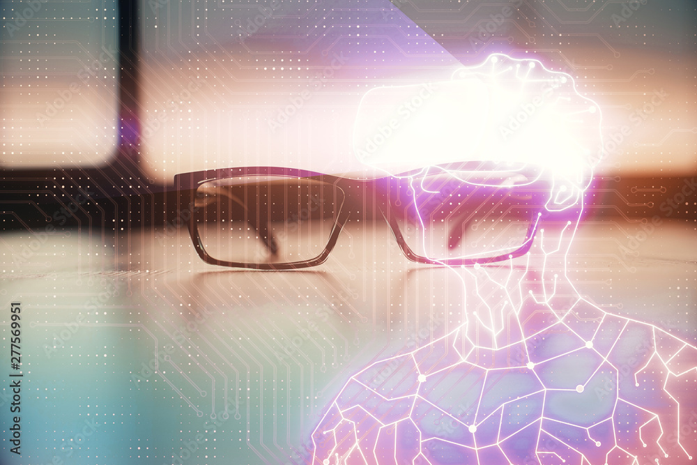 Poster ar drawing with glasses on the table background. concept of augmented reality. double exposure.