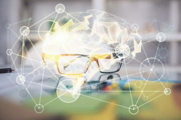 Brain drawings with glasses on the table background. Double exposure.