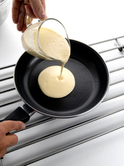 Elaboración tortitas, sartén . Making pancakes, frying pan.