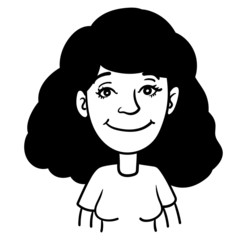 Portrait of a black-haired woman smiling friendly. vector, illustration, comic, line drawing, doodle, ink, outline.