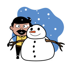 Standing with Snowman - Indian Cartoon Man Father Vector Illustration