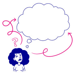 a black-haired woman who looks up, worried and confused. many paths, question marks, bubble. vector, illustration, comic, line drawing, doodle, ink, outline. blue, pink