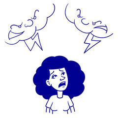 a black-haired woman worriedly looking up while angry storm clouds are looking down. vector, illustration, comic, line drawing, doodle, ink, outline. blue