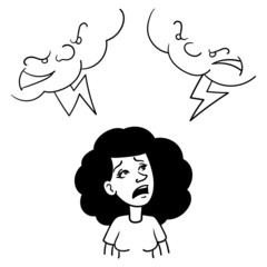 a black-haired woman worriedly looking up while angry storm clouds are looking down. vector, illustration, comic, line drawing, doodle, ink, outline.