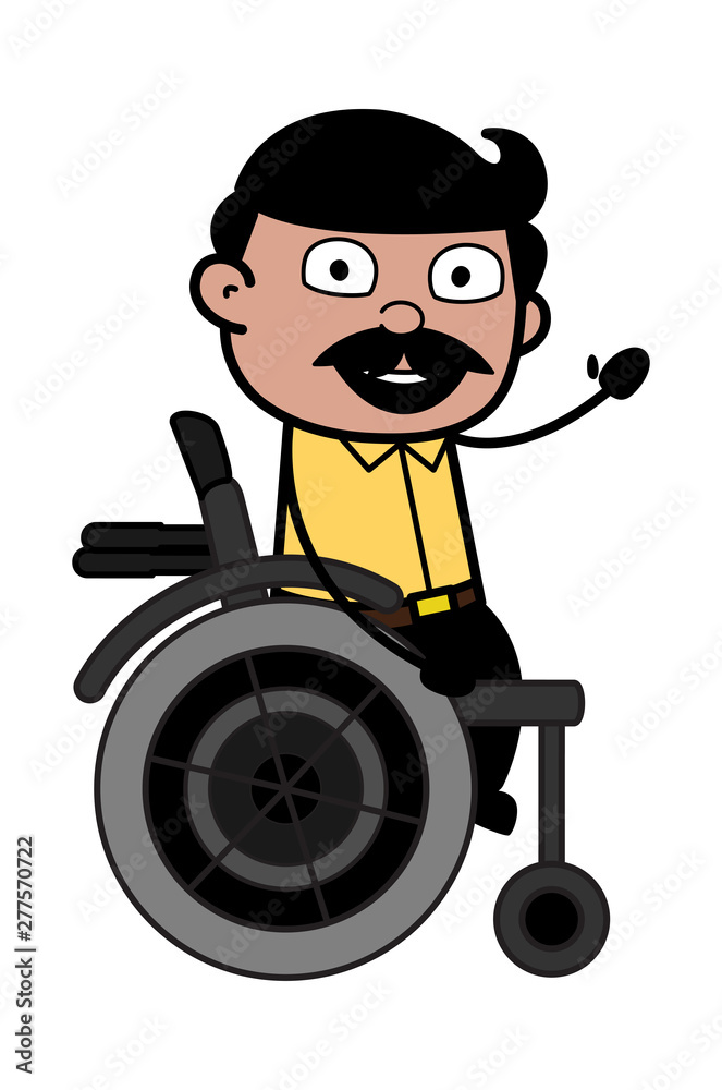 Wall mural Sitting on Wheel Chair and Gesturing with Hand - Indian Cartoon Man Father Vector Illustration - Wall murals