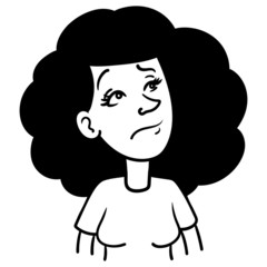 a black-haired woman, looking worriedly upwards. vector, illustration, comic, line drawing, doodle, ink, outline.