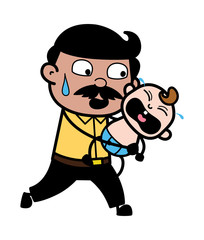 A Man Running with Crying Baby - Indian Cartoon Man Father Vector Illustration