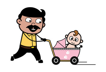 Walking with Baby in Baby Stroller - Indian Cartoon Man Father Vector Illustration