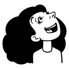 Vector comic drawing of a black-haired woman who laughs and looks up in the air. outline, doodle, ink, sketch.