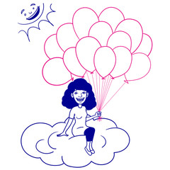 Vector comic drawing of a black-haired woman who is laughing and holding balloons in her hand while she is sitting on a cloud. Laughing sun, outline, sketch, doodle, ink, character, isolated. blue