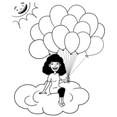 Vector comic drawing of a black-haired woman who is laughing and holding balloons in her hand while she is sitting on a cloud. Laughing sun, outline, sketch, doodle, ink, character, isolated, black.