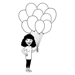 Vector cartoon drawing of a black-haired woman who is laughing and holding balloons in her hand. outline, sketch, doodle, ink, character, black and white. isolated.