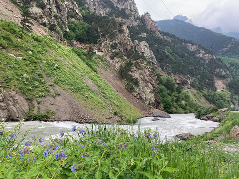 Russia, North Ossetia. Kassar gorge in summer in cloudy weather