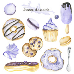 Set of hand painted watercolor sweet dessert, cakes, ice cream and eclairs. Chocolate donut, cookie and meringue.  Big collection of desserts.