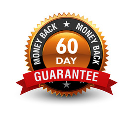 Heavy, powerful, Medal, Label, Icon, Seal, Sign, 60 day money back guarantee badge with red ribbon on top, Isolated on White Background.