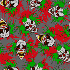 Decorative horror seamless pattern with clowns and blood splatter on gray backdrop.