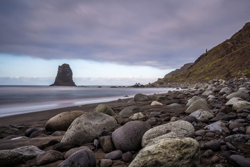 Sunset on the beach of Benijo north of Tenerife, long exposure photo