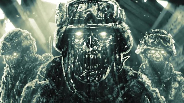 Zombies soldiers in ruined house with light rays. Vj loop animation in genre of horror. Apocalyptic doomsday theme. Infection area. Danger zone. Scary animated video clip. Green color background. 