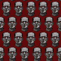 Decorative horror seamless pattern on red backdrop.