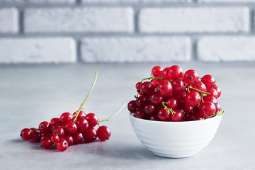 Fresh red currants in a white bowl on a gray background.