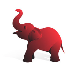 Drawing of a small elephant of red color on a white background.