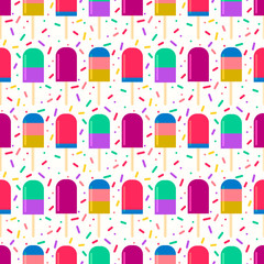 Summer pattern with fruity popsicle on a confetti sprinkles background. summertime seamless pattern with ice cream pop stick.
